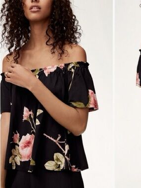 Wilfred by Aritzia Floral Off-the-Shoulder Top | Black & Pink Rose | Size XS